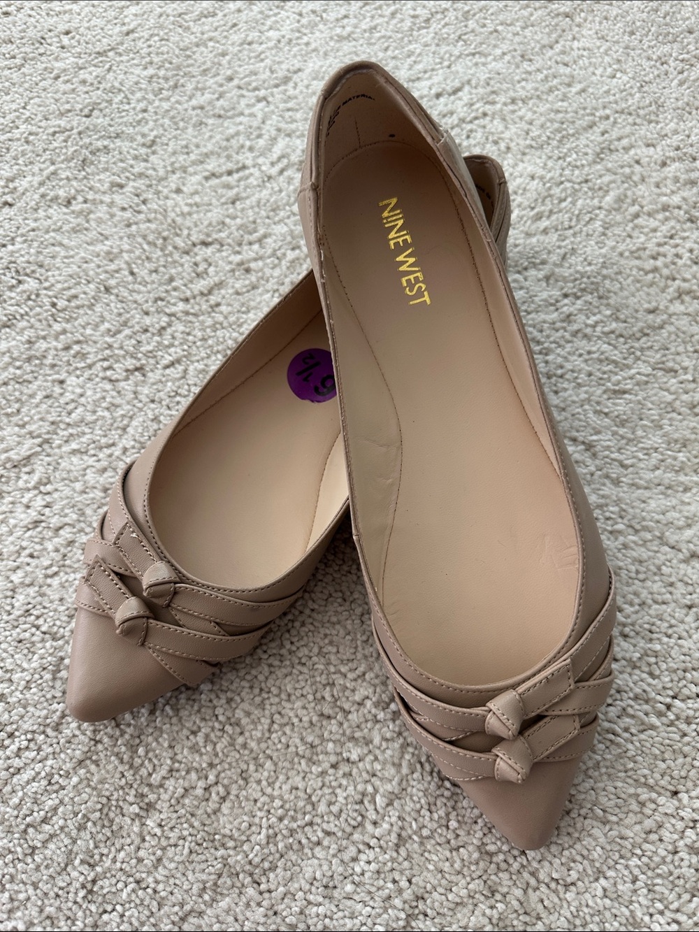 Nine West Taupe Pointed Toe Flats with Braided Knot Detail
